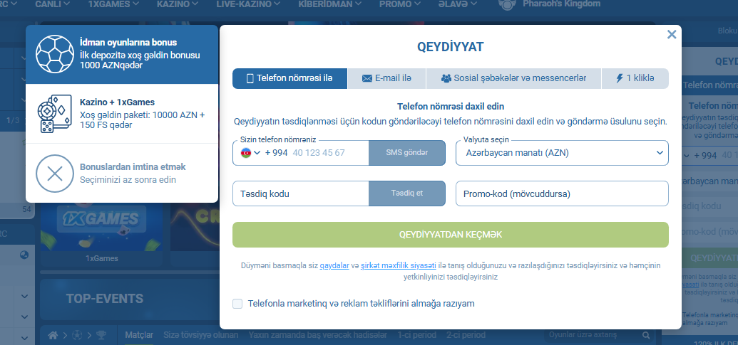 1xBet Qeydiyyat
